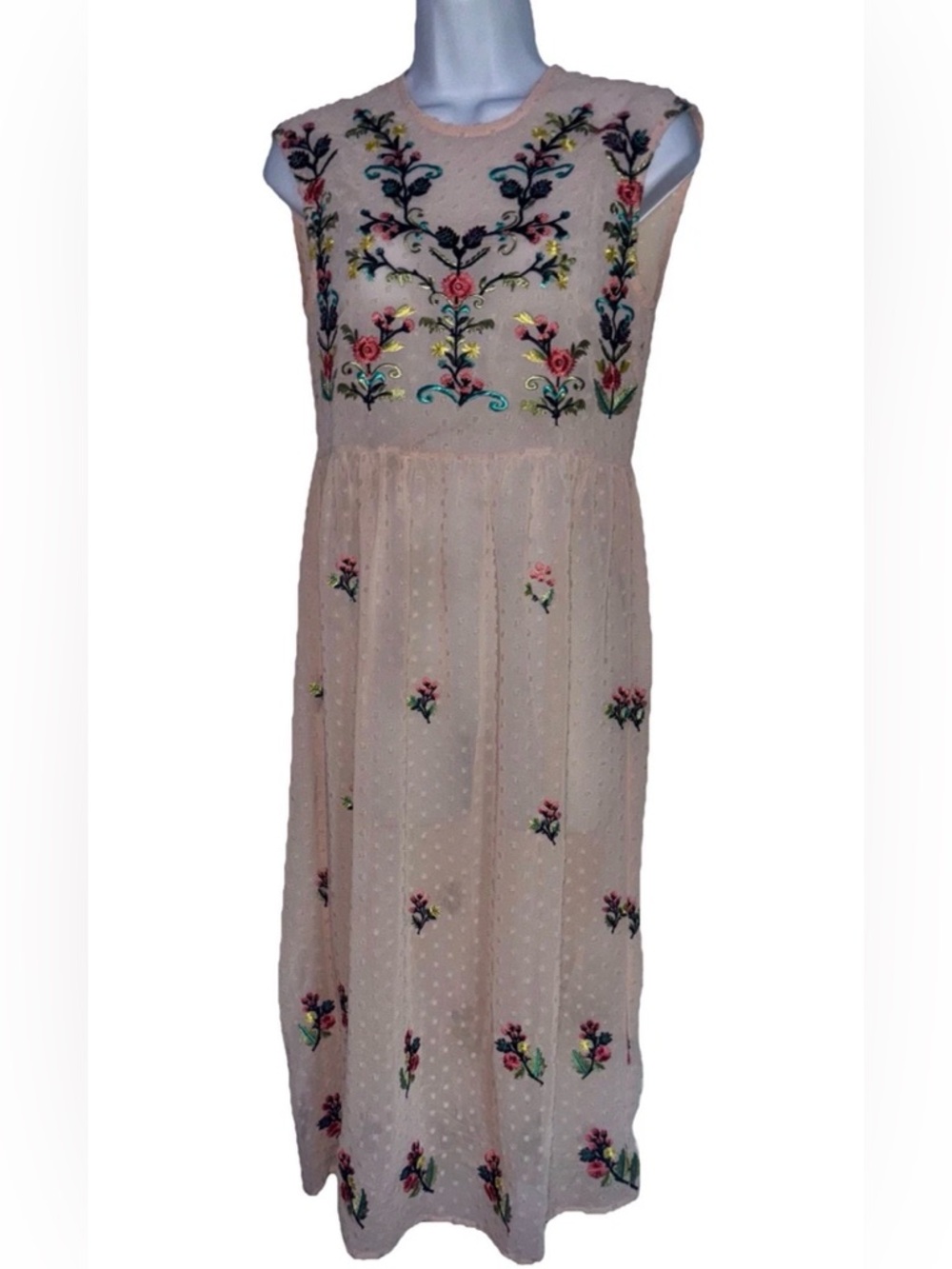 Embroidered Floral Midi Dress Textured Womens Sz XS Romantic Fairy Feminine Pink